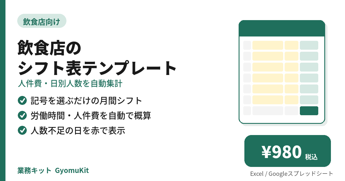 飲食店のシフト表テンプレート（人件費・日別人数を自動集計） の画面イメージ