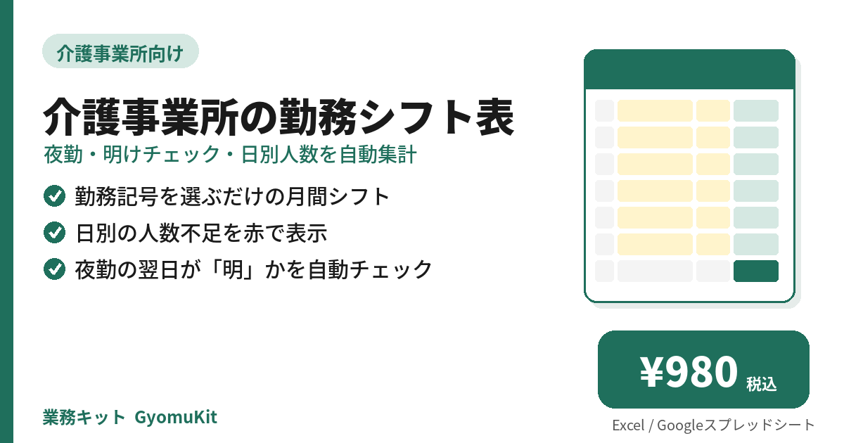 介護事業所の勤務シフト表（夜勤・明けチェック・日別人数を自動集計） の画面イメージ