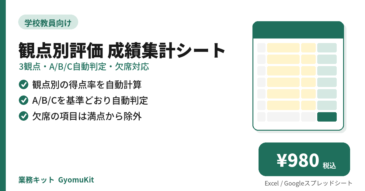 観点別評価 成績集計シート（3観点・A/B/C自動判定・欠席対応） の画面イメージ