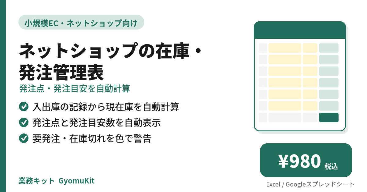 ネットショップの在庫・発注管理表（発注点・発注目安を自動計算） の画面イメージ